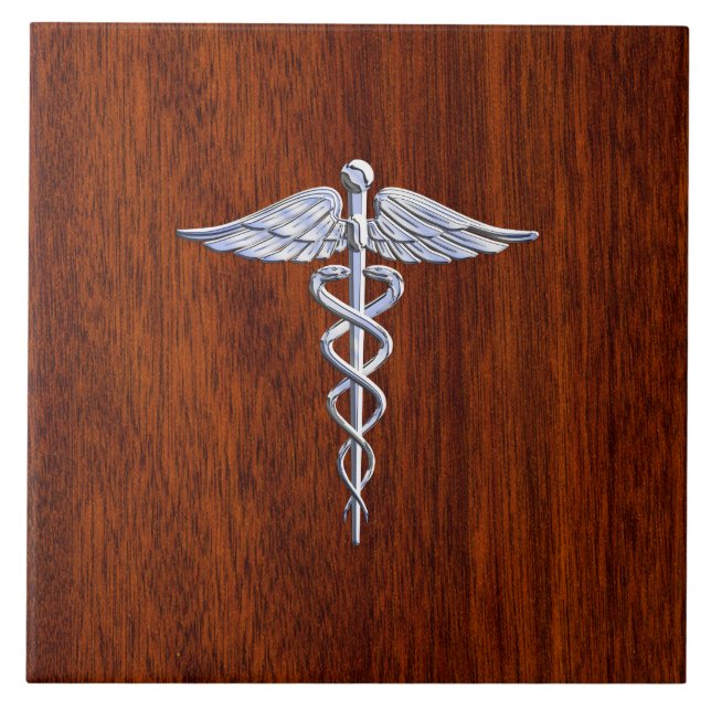 Silver Liksom Caduceus Medical Symbol Mahogany Skr Kakelplatta (Framsidan)