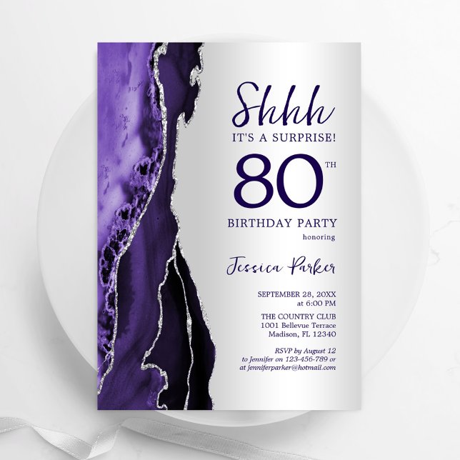 Silver Lila Agate Surprise 80:e födelsedagen Inbjudningar (Skapare uppladdad)