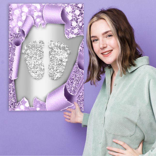 Silver Lila Baby Shower Feet Boy 3d Effect Inbjudningar (Silver Purple Baby Shower Feet Boy Girl 3d Effect Invitation)