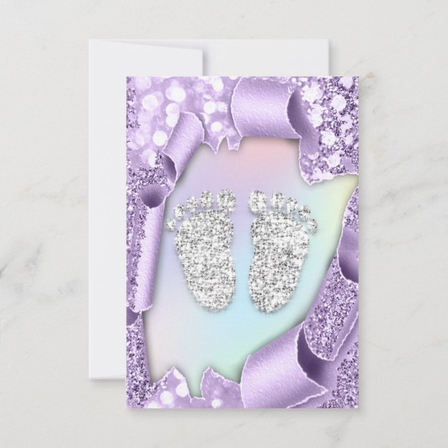 Silver Lila Baby Shower Feet Boy 3d Hologr Inbjudningar (Baksida)