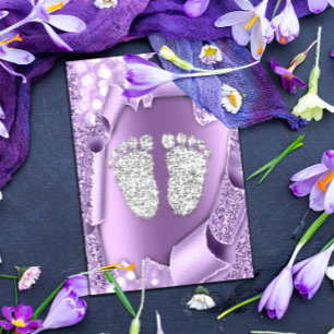 Silver Lila Baby Shower Feet Boy 3d Violet Inbjudningar