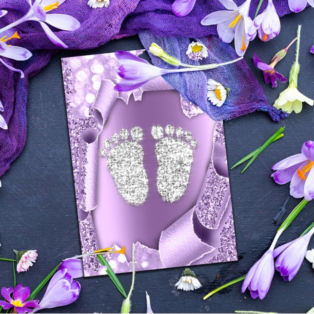 Silver Lila Baby Shower Feet Boy 3d Violet Inbjudningar (Skapare uppladdad)