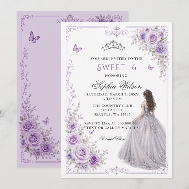 Silver Lila Blommig Prinsessa Sweet 16 Inbjudningar (Fram/baksida)