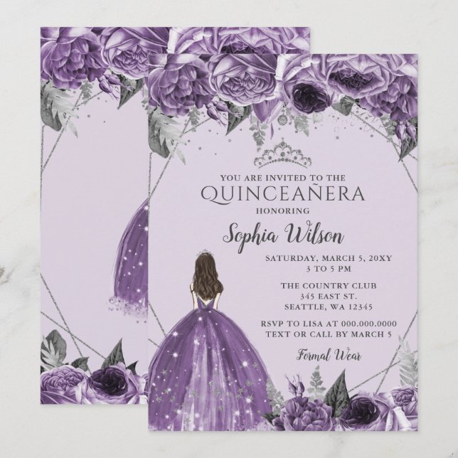 Silver Lila Blommigt Princess Quinceañera Inbjudningar (Fram/baksida)