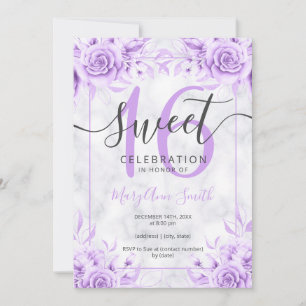 Silver Lila Blommigt Söt 16 Marble Glitter Inbjudningar