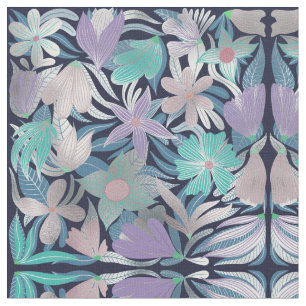 Silver Lila Blue Blommigt Lövs Illustrations Tyg