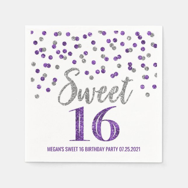 Silver Lila Confetti Sweet 16 Birthday Pappersservett (Framsidan)