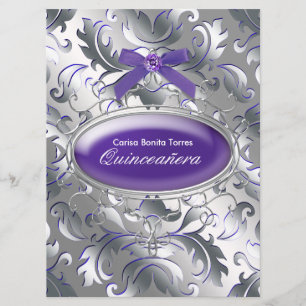Silver Lila Damast Elegant Lila Quinceanera Inbjudningar