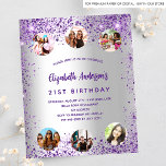 Silver lila-fotobudgetinbjudan på födelsedagen flygblad<br><div class="desc">Observera att inbjudan är papper och mycket tunn. Kuvert ingår inte. Om du vill ha mer omfattande inbjudningar (samma design) kan du besöka vår butik. En giftig och feminin 21:a (eller någon ålder) födelsedagsfest inbjudan. På framsidan: En trendig faux silver tittar bakgrund. Dekorerad med mörk lila faux glitter, gnistor. Anpassa...</div>