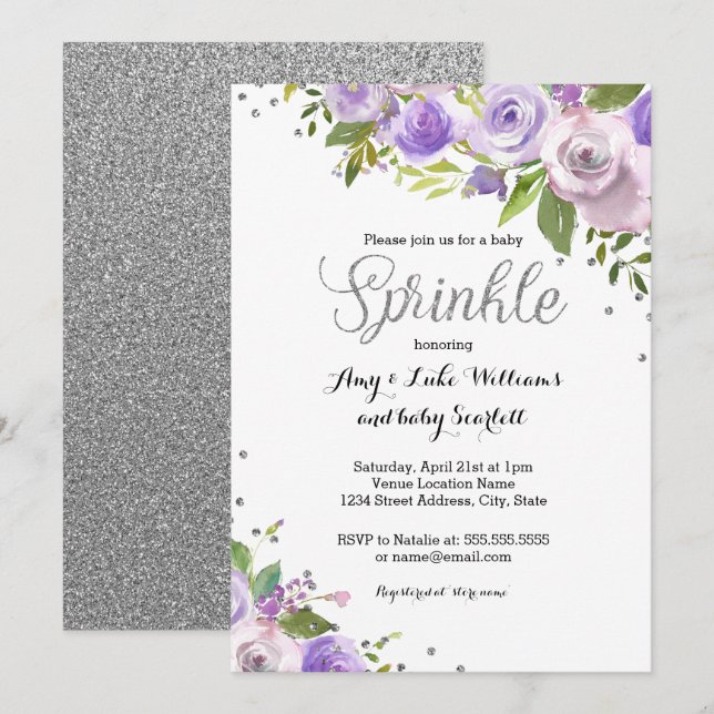 Silver Lila Glitter Blommig Strö Babykalas Inbjudningar (Fram/baksida)