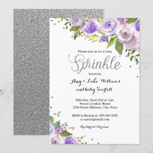 Silver Lila Glitter Blommig Strö Babykalas Inbjudningar
