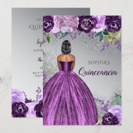 Silver Lila Glitter Dress Quinceañera Quince Inbjudningar