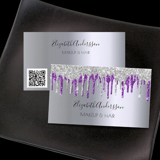 Silver lila glitter droppar makeup hair QR kod Visitkort (Skapare uppladdad)