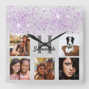 Silver lila glitter fotocollage namn fyrkantig klocka