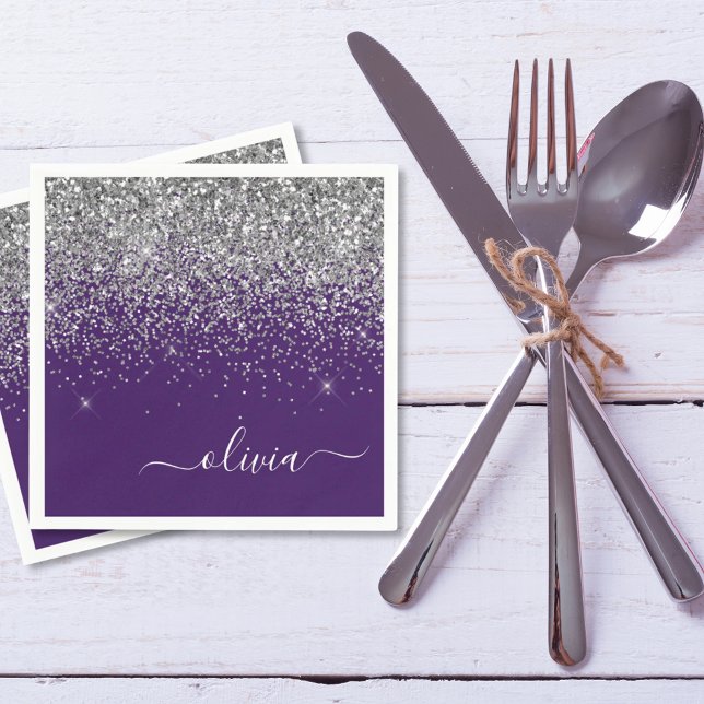 Silver Lila Glitter Girly Monogram Namn Pappersservett (Skapare uppladdad)