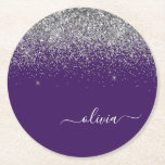Silver Lila Glitter Girly Monogram Namn Underlägg Papper Rund<br><div class="desc">Lila och Silver Gnistra Glitter Skriptmonogram Namn Pappra Underlägg. Det gör perfekt studenten,  födelsedag,  bröllop,  möhippa,  årsdag,  babydusch eller bachelorette-fest till någon som glam lyx och chic stilar.</div>