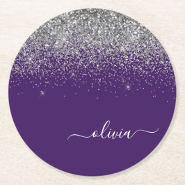Silver Lila Glitter Girly Monogram Namn Underlägg Papper Rund