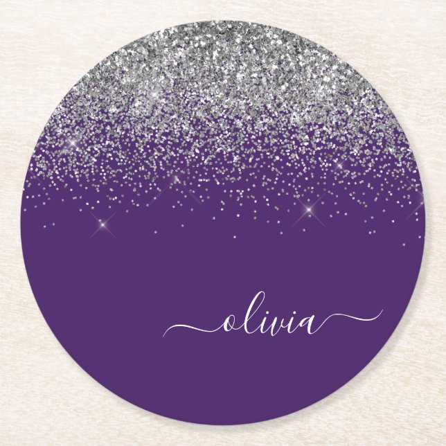 Silver Lila Glitter Girly Monogram Namn Underlägg Papper Rund (Framsidan)