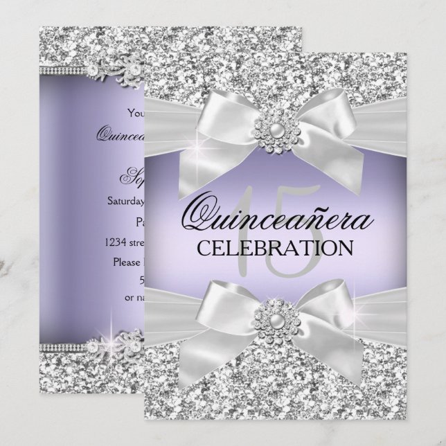 Silver Lila Glitter Juvel Båge Quinceanera Inbjudningar (Fram/baksida)
