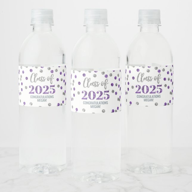 Silver Lila Glitter, klass 2025 Studenten Vattenflaskor Etikett (Flaskor)