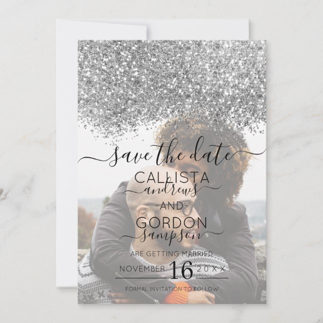 Silver Lila Glitter Konfetti Foto Bröllop Spara Datumet (Framsida)