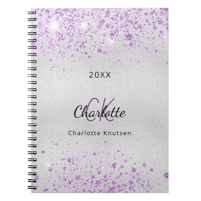 Silver lila glitter namn monogram elegant anteckningsbok (Framsidan)