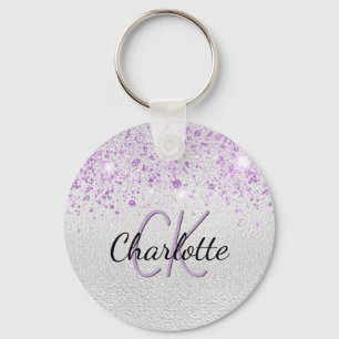 Silver lila glitter-stoftmonogram för anpassningsb nyckelring