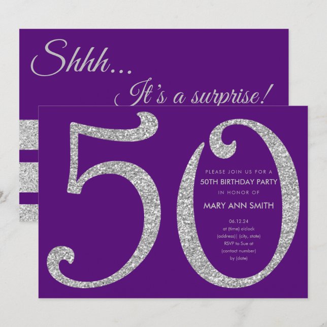 Silver Lila Glitter Surprise 50:e Födelsedagsfeste Inbjudningar (Fram/baksida)