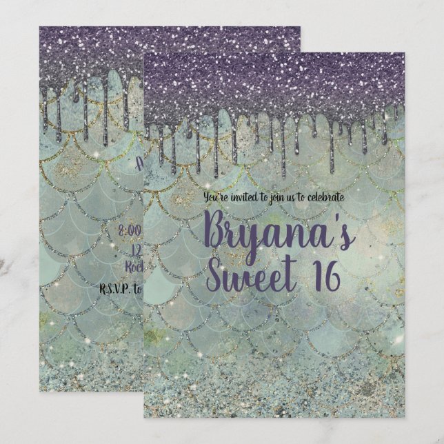 Silver Lila Glitterdropp Siren Sweet 16-fest Inbjudningar (Fram/baksida)
