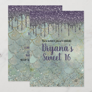 Silver Lila Glitterdropp Siren Sweet 16-fest Inbjudningar