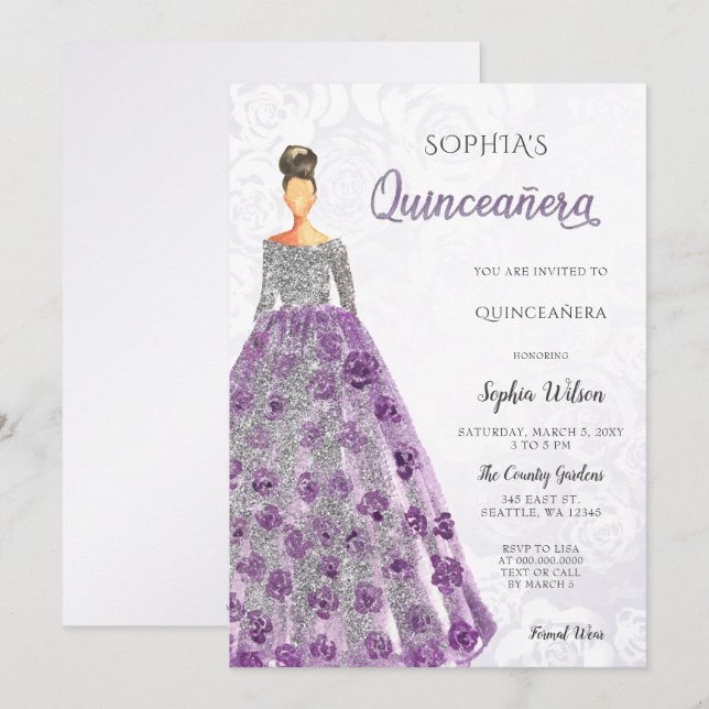 Silver Lila Gnistra Dress Quinceanera Inbjudningar (Fram/baksida)