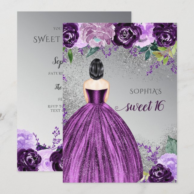 Silver Lila Gnistra Dress Sweet 16-årsdag Invi Inbjudningar (Fram/baksida)