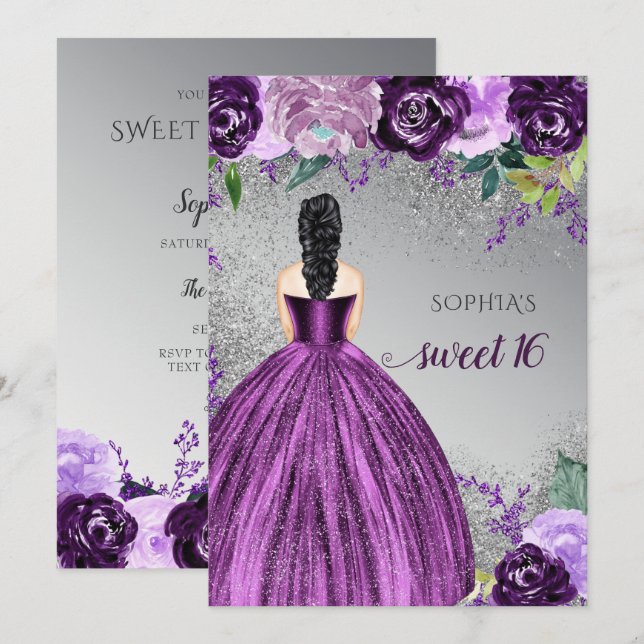 Silver Lila Gnistra Dress Sweet 16-årsdag Invi Inbjudningar (Fram/baksida)