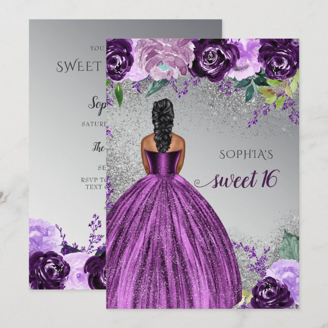 Silver Lila Gnistra Dress Sweet 16-årsdag Invi Inbjudningar (Fram/baksida)