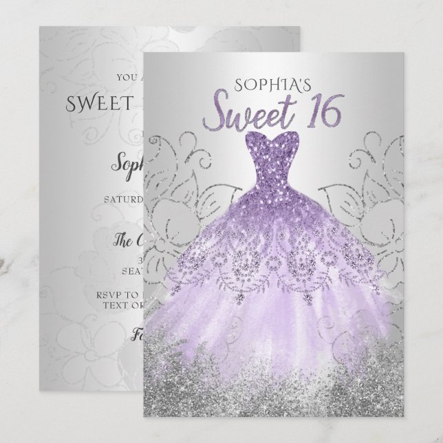 Silver Lila Gnistra Dress Sweet 16 födelsedag Inbjudningar (Fram/baksida)