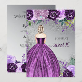 Silver Lila Gnistra Dress Sweet 16 födelsedag Inbjudningar