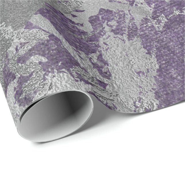 Silver Lila Grått Marble Shiny Metallic Strokes Presentpapper (Rullad Hörn)