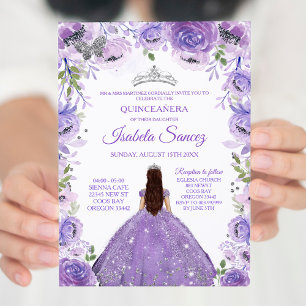 Silver lila mexikansk Charra Mis Quince-inbjudan Inbjudningar