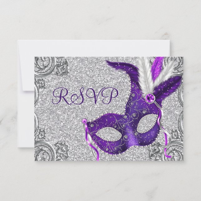 Silver lila och rosa maskeradfest RSVP OSA Kort (Framsida)
