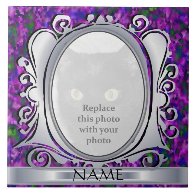Silver Lila Oval Photo Ram med Namn Tile Kakelplatta (Framsidan)