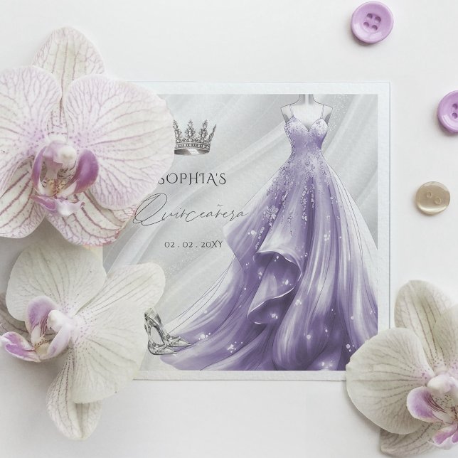 Silver Lila Princess Quinceañera Pappersservett (Silver Purple Dress Princess Quinceañera Napkins)