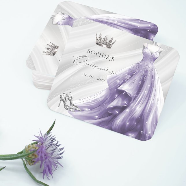 Silver Lila Princess Quinceañera Underlägg Papper Kvadrat (Silver Purple Dress Princess Quinceañera Square Paper Coaster)