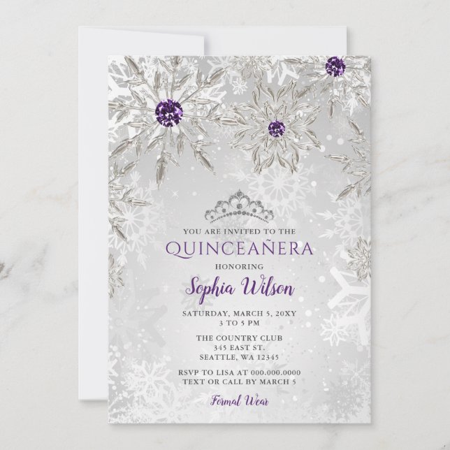 Silver Lila Snöflingor Tiara Quinceañera Inbjudningar (Framsida)