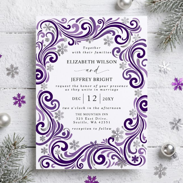 Silver Lila Snöflingor Vinterbröllop Inbjudningar (Silver Purple Snowflakes Winter Wedding Invitation)
