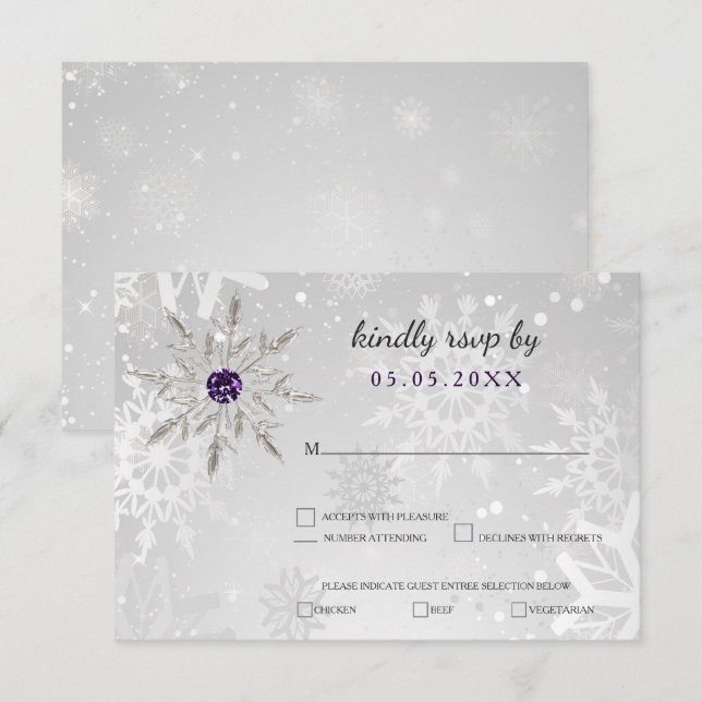 silver lila snöflingor vinterbröllop osa  inbjudningar (Fram/baksida)