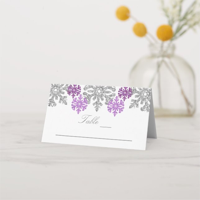 Silver Lila Snöflingor Winter Wedding Placeringskort (Framsida)