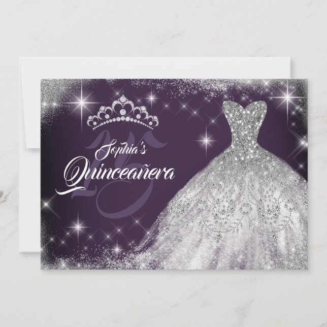 Silver Lila Snöre Diamond Gown Tiara Quinceanera Inbjudningar (Framsida)
