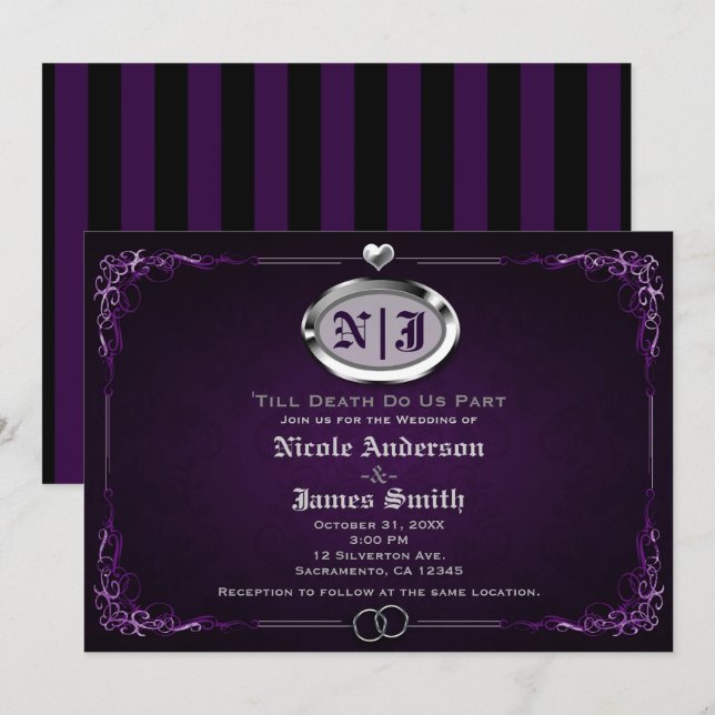 Silver & Lila Vintage Gotisk Halloween-Hochzeit Inbjudningar (Fram/baksida)
