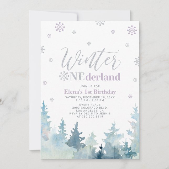 Silver & Lila Winter onederland 1:a årsdagen Inbjudningar (Framsida)