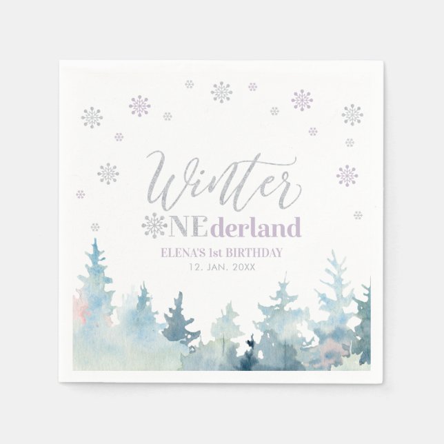 Silver & Lila Winter Onederland 1:a födelsedag Pappersservett (Framsidan)